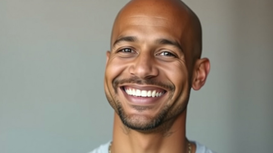 Bald man smiling warmly with a calm expression, coping with OCD and grief.