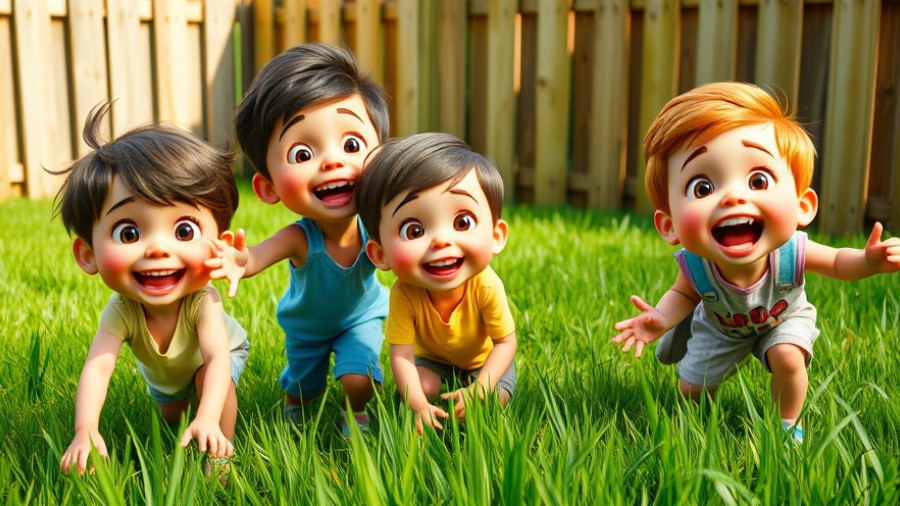 Animated children playing in a vibrant backyard scene.