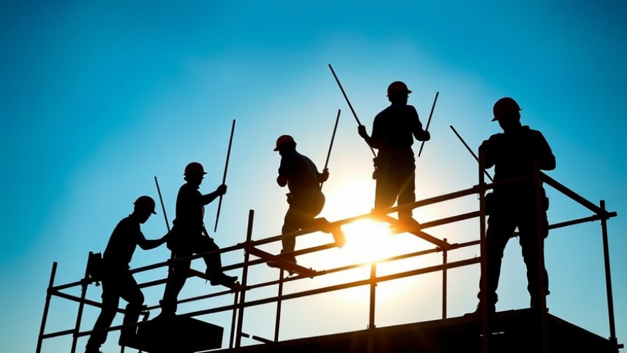 Silhouetted construction workers on scaffolding in bright daylight.