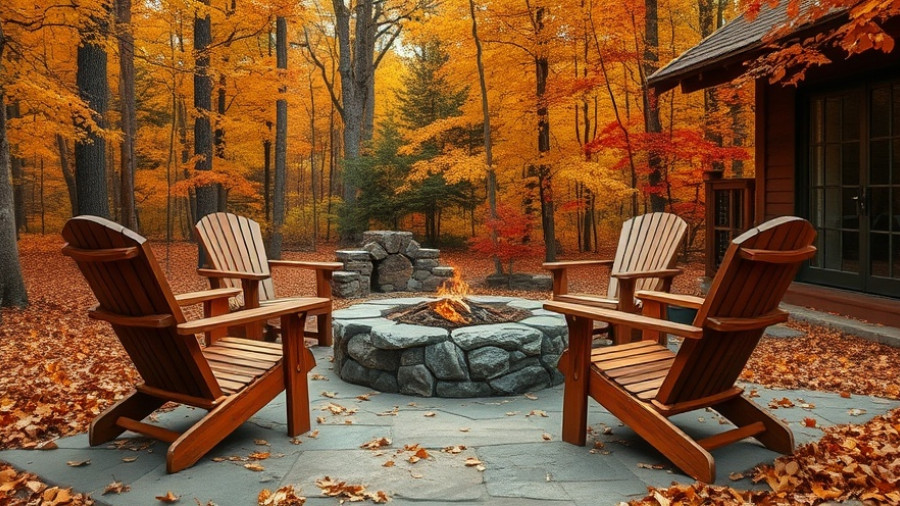 Late-fall garden patio with stone fire pit in a forest setting.