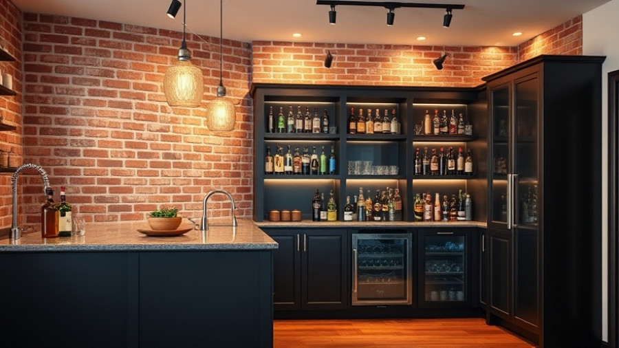 Sleek modern home bar trends for 2024 with dark cabinetry.