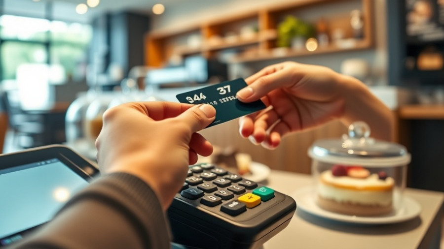 Gen Z prefers debit cards; hand using a debit card at a cafe.