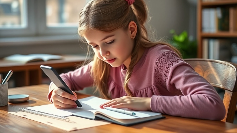 Young girl using phone, writing notes, Sora app risks for kids.