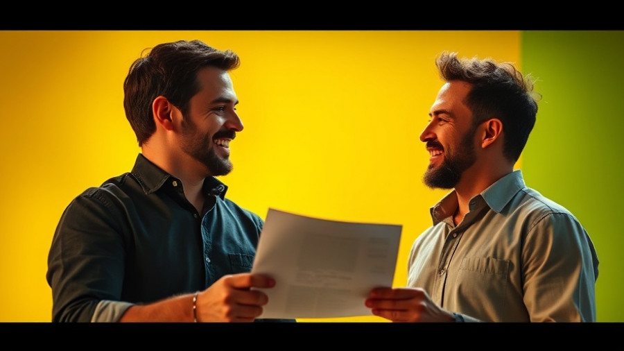 Two men talking about feedback in a colorful setting.