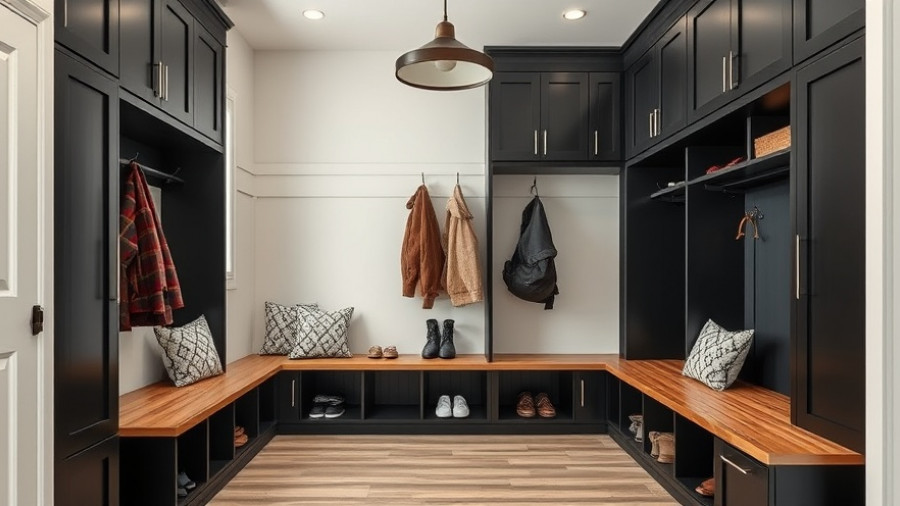 Sleek modern mudroom with practical storage solutions for coats and shoes.