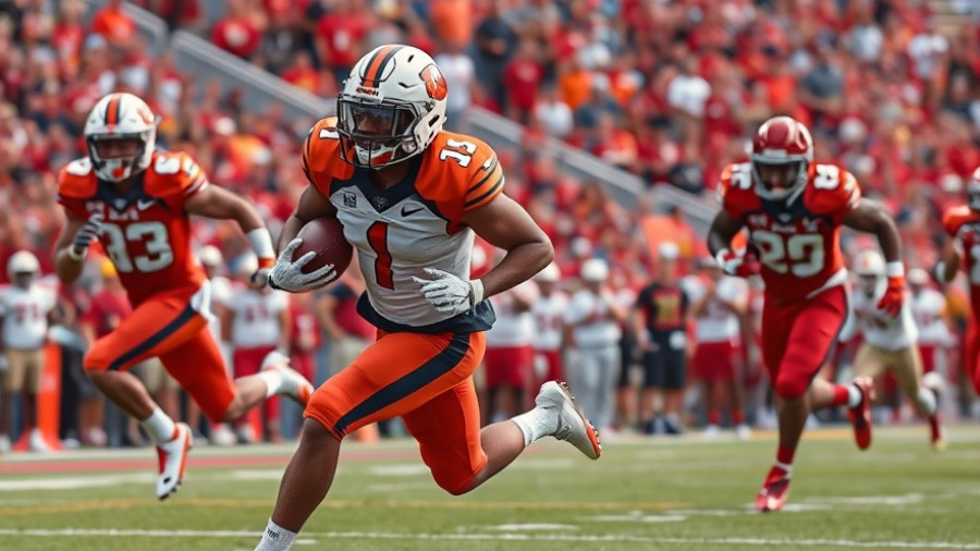 Illinois vs. Rutgers football game action shot with crowd background.