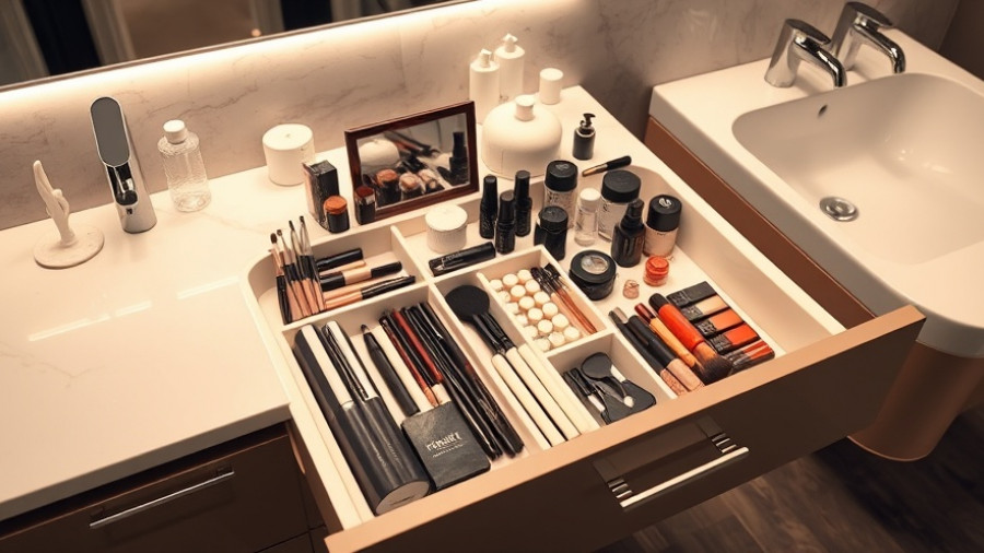 Modern bathroom vanity with organized storage for makeup and tools.