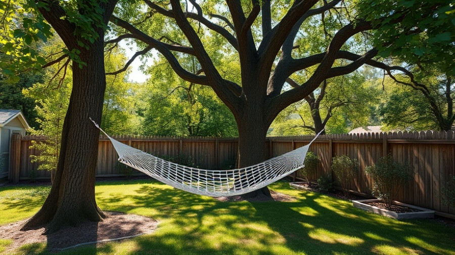 Tranquil backyard promoting wellness in the landscape with hammock.
