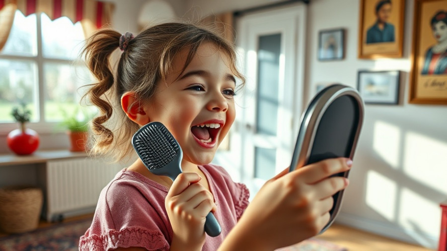Young girl singing into a hairbrush boosting kids’ confidence.