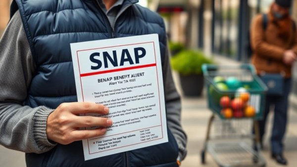 Person holding SNAP benefits alert on sidewalk with shopping cart.