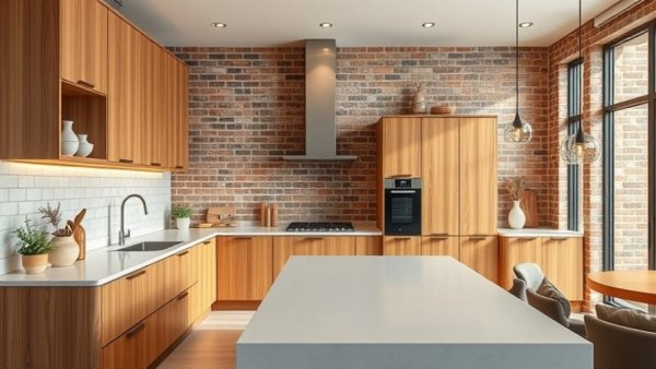 Modern kitchen with sleek design and warm wooden cabinets.