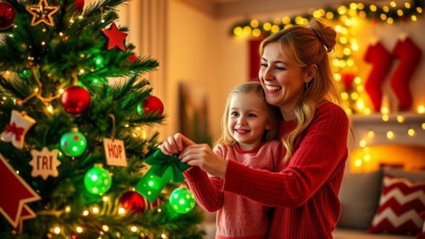 Mother and daughter decorating a Christmas tree together, holiday coping strategies.