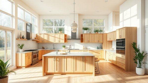 Warm contemporary kitchen with light wood cabinets and island.