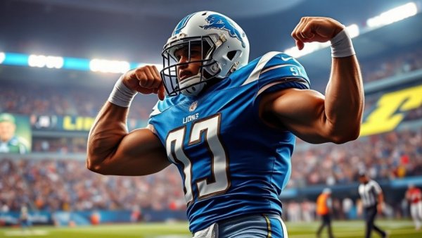 Detroit Lions player celebrating on field, showcasing offense performance.