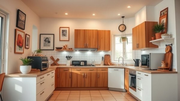 Warm green white and wood kitchen with art, inviting family kitchen