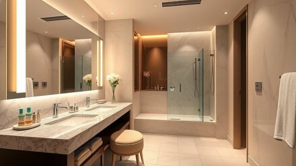 Luxurious modern bathroom with granite countertop and large mirror in elevated bathrooms 170 to 180 square feet.