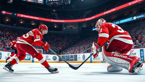 Detroit Red Wings player attempts shot against goalie during a game.