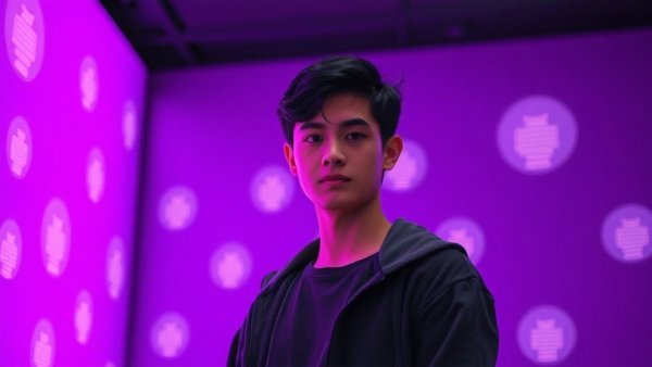 Young man stands confidently in vibrant purple setting with Beehiiv icons.