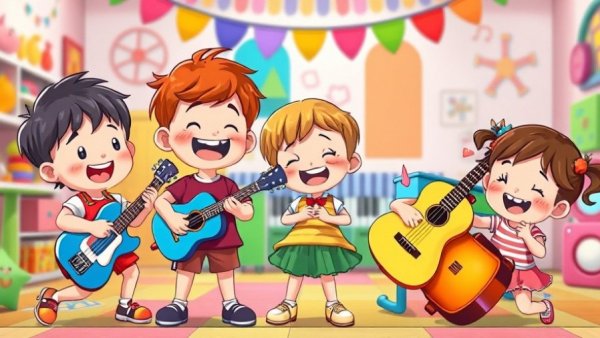 Vibrant CoComelon kids playing music in colorful background.