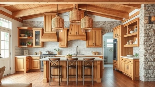 Rustic kitchen design featuring wooden cabinets and natural accents.