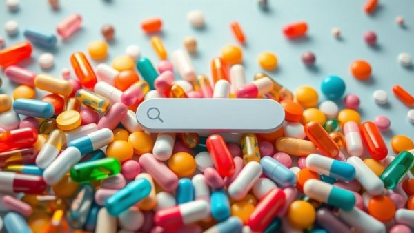 Floating pills around a search bar symbolizing peptides in wellness clinics.