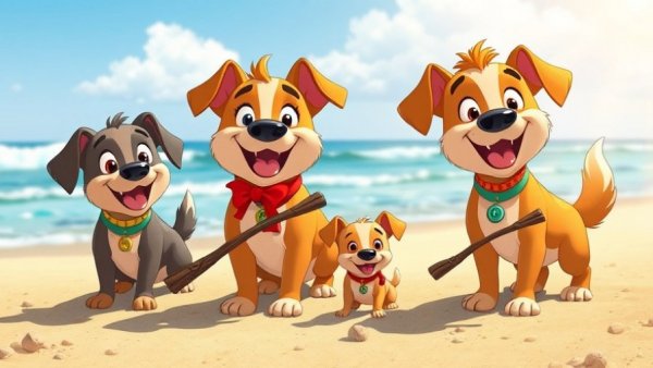 Cartoon dog family plays on a sunny beach, learning moments with Chilli.