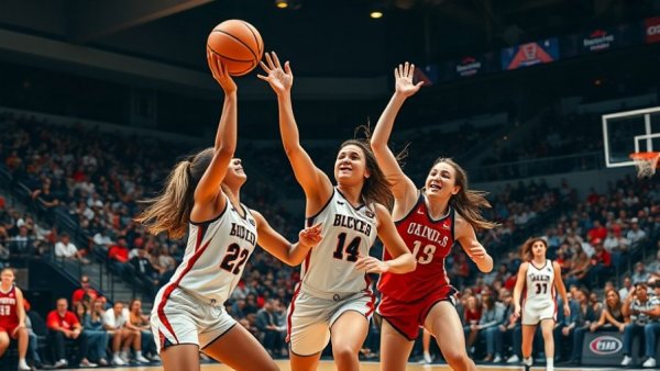 Intense Michigan women's basketball game plan in action during a match.