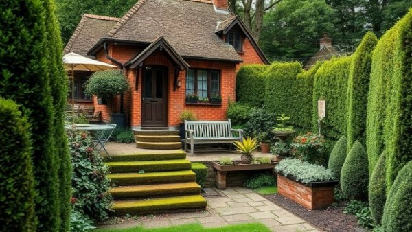 Charming Seattle garden behind brick house with lush greenery.