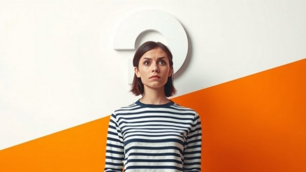Woman under question mark in minimalist setting, conveying business core purpose uncertainty.