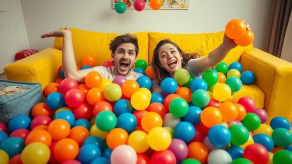Excited duo playing in colorful ball pit from Blippi's Curiosity Club App.