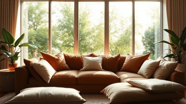 Cozy living room with brown sofa and green view in designer collaborations fall 2025 style.