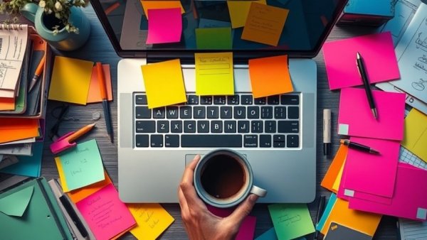 Laptop surrounded by colorful sticky notes, cup in hand; cognitive habits of productivity