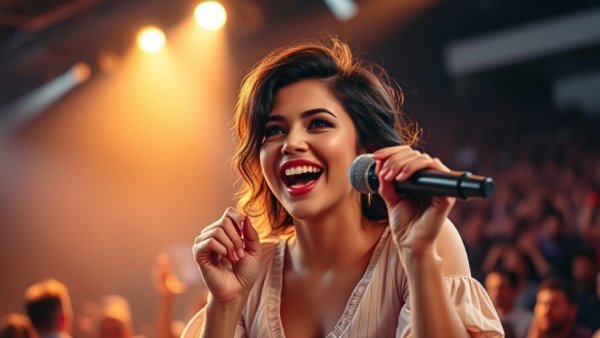 Vibrant singer performing with a microphone on stage.