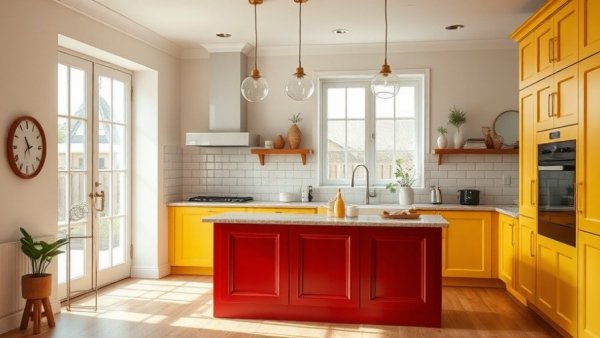 Georgian home kitchen renovation with colorful cabinets and natural light.