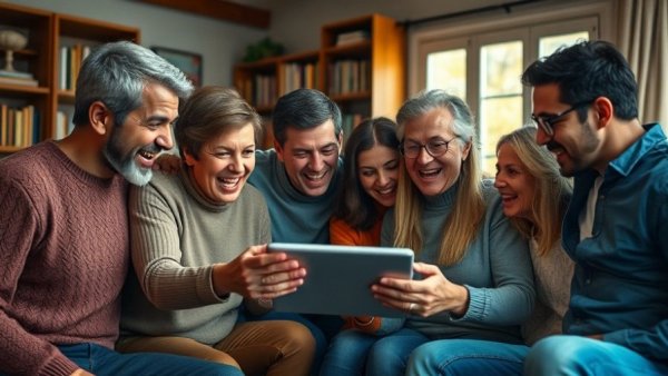 Group excitedly gathers around tablet, highlighting AI-generated video problems.