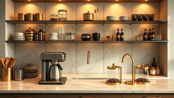 Stylish coffee station setup in a midsize kitchen with marble and brass accents.
