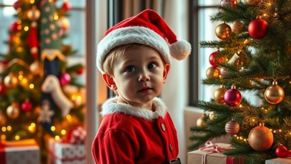 Adorable child in Santa outfit dreaming by the Christmas tree, keeping the magic of Santa alive.