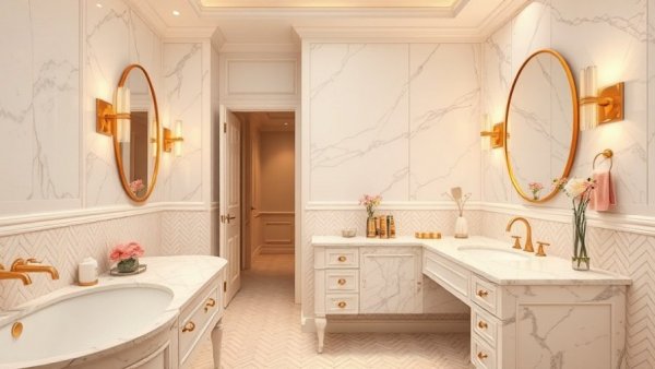 Elegant bathroom vanity with makeup station, marble and gold accents.
