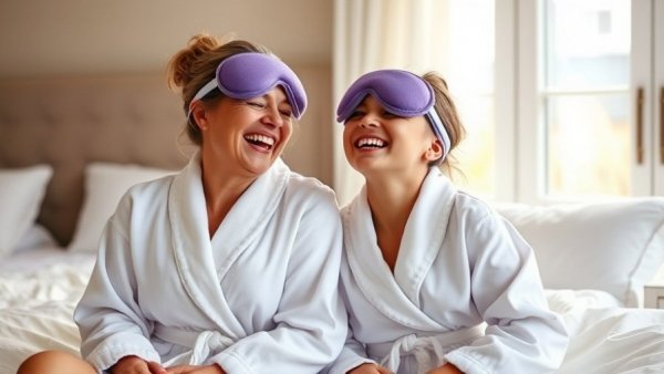 Cheerful mom and daughter enjoying skincare in cozy bedroom.