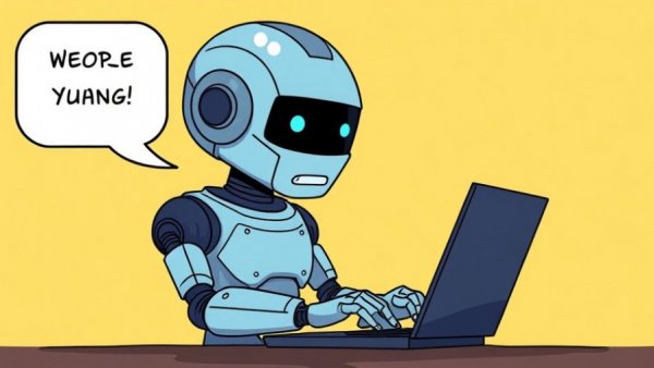 Robot using laptop, illustrating detecting ChatGPT generated content.