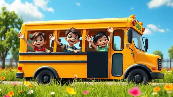 Animated kids in a school bus from CoComelon YouTube videos