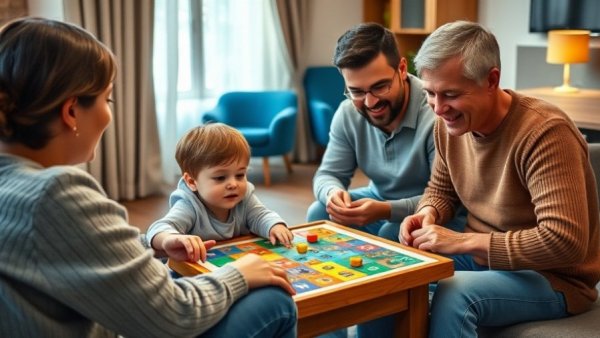 Family enjoying classic board games in living room.
