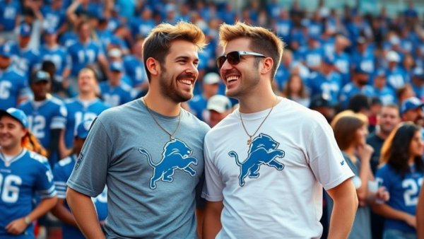 Two men in Detroit Lions apparel at stadium event, Detroit Lions Eminem apparel collection.