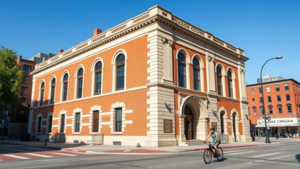 Jackson Court Building exterior, cyclist riding past