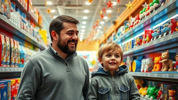 Father and son shopping at Toys 'R' Us for holiday comeback.