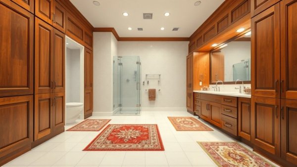 Spacious bathroom with wooden cabinets and botanical patterned rugs.