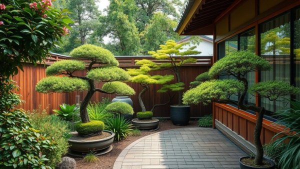 Peaceful Japanese garden design with bonsai and wooden deck.