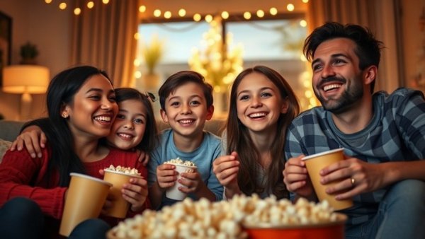 Family watching kid-friendly Thanksgiving movies at home.