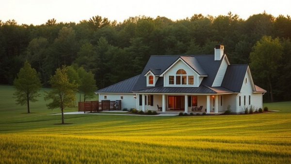English cottage-style house on a grassy field at sunset.