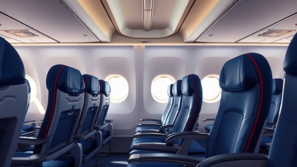 Delta Comfort Basic fare seating, empty airplane cabin with blue seats.